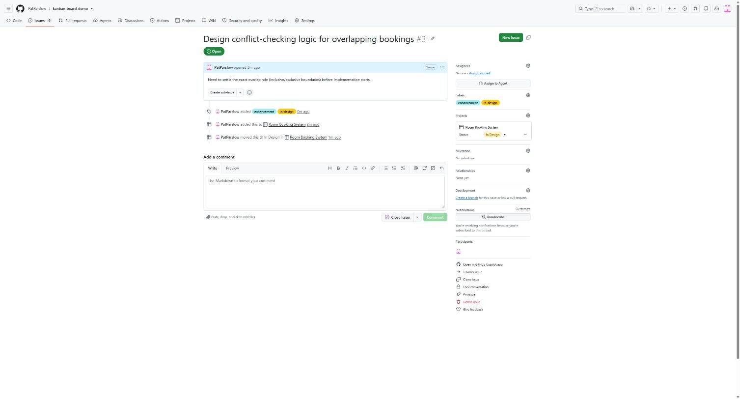 A GitHub issue with enhancement and in-design labels, linked to the project board with its Status set to In Design